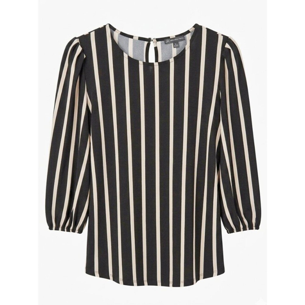 Adrianna Papell Striped 3/4 Balloon Sleeve Blouse - Black & Beige - Size M